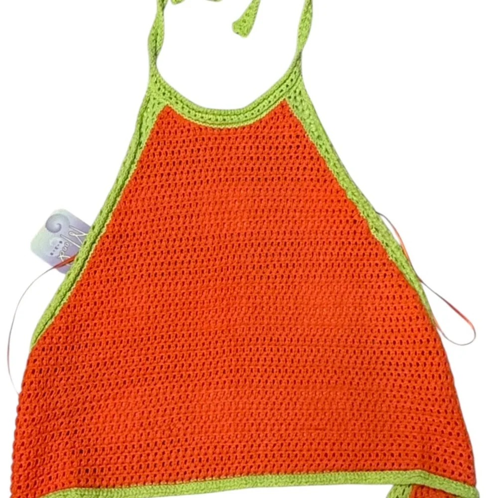 NWOT CROCHETED BRIGHT ORANGE AND NEON GREEN HALTER TOP FESTIVAL BEACH BOHO - Picture 3 of 4